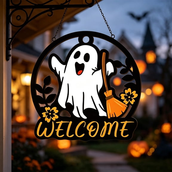 Halloween Wooden Round Wall Hanging Ghost Plaques Hollow Out Decor Spooky Farmhouse Rustic Sign For Front Door Porch 11.81in Black 1 Count