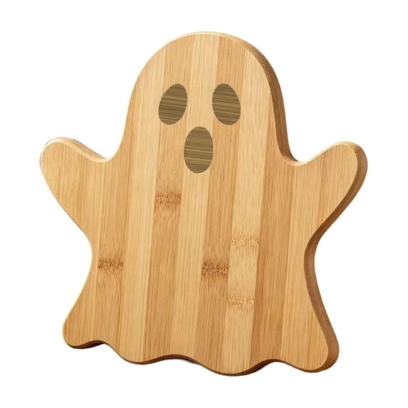 Halloween Wooden Serving Tray & Chopping Board, Pumpkin Ghost Shape Solid Wood Tea Platter, Rectangular Kitchen Cutting Board for Cheese Fruit Snacks, Fall Harvest Party Table Decor