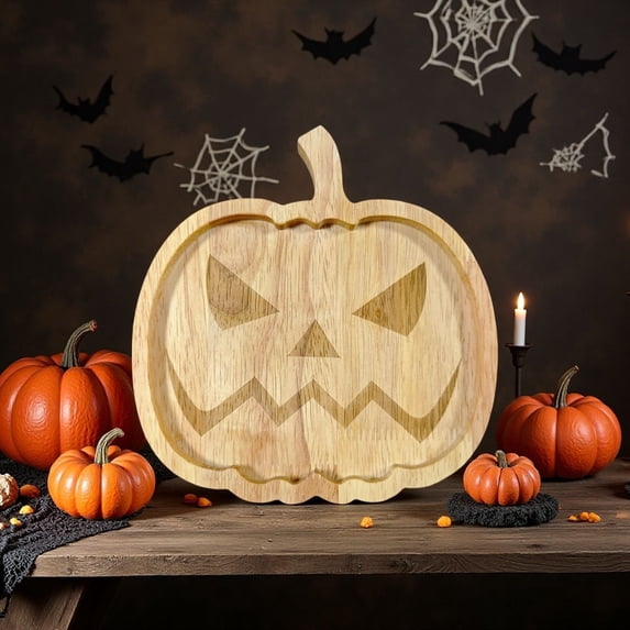Halloween Wooden Serving Tray, Skull Pumpkin Ghost Bat Design, Spooky Party Decor Platter Board, Halloween Table Decoration for Treats and Candies