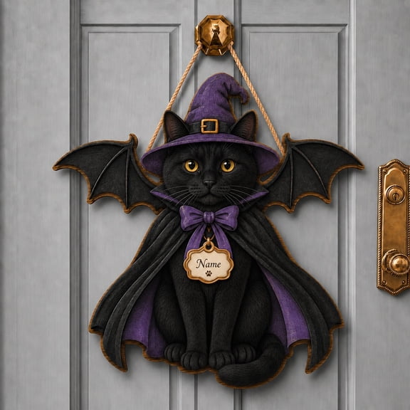 Halloween Wooden Sign Black Cat Personalized Wood Front Door Sign for Cat Lovers