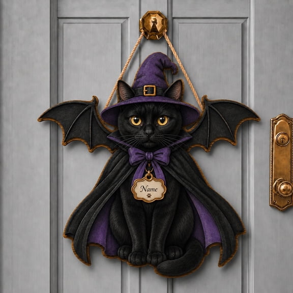 Halloween Wooden Sign Black Cat Witch Personalized Front Door Sign for Cat Lovers