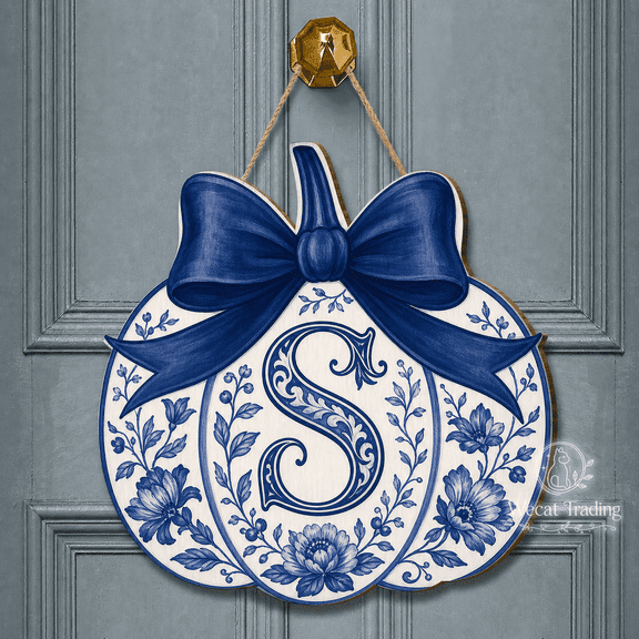 Halloween Wooden Sign Chinoiserie Monogram Pumpkin Wood Front Door Hanger for Southern Fall Decor