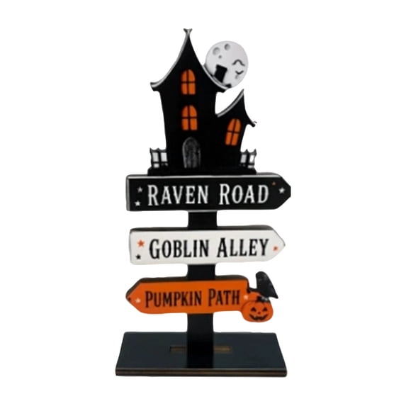 Halloween Wooden Sign Decor 6 Inch Spooky Indoor Tabletop Display with Haunted House and Street Sign Detailing for Seasonal Home and Party Setup, 1 Pack