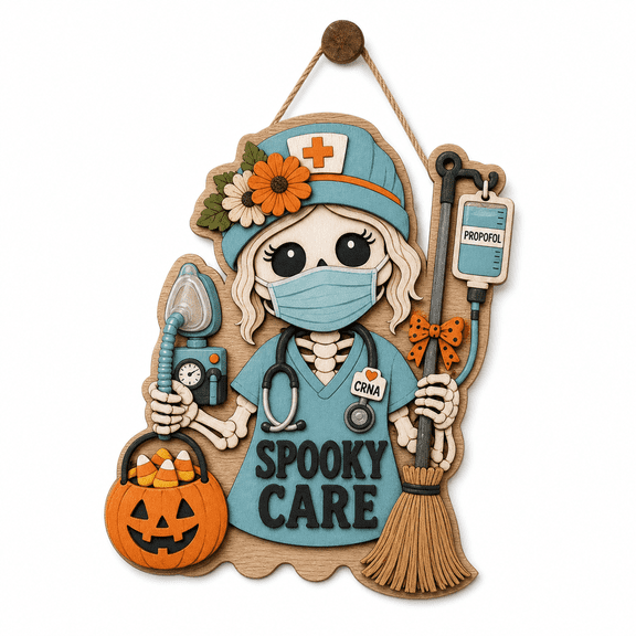 Halloween Wooden Sign Decor Skeleton Nurse Anesthetist Wooden Door Hanger for CRNA