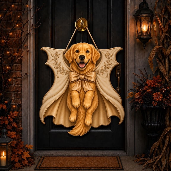 Halloween Wooden Sign Golden Retriever Ghost Bow Wood Front Door Hanging for Dog Lovers