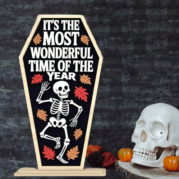 Halloween Wooden Sign Gothic Farmhouse Skeleton Dancing Fall Season Tabletop Ornament for Home Desk