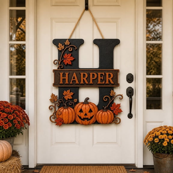Halloween Wooden Sign Large Initial Harvest Welcome Wood Front Door Hanging for Family