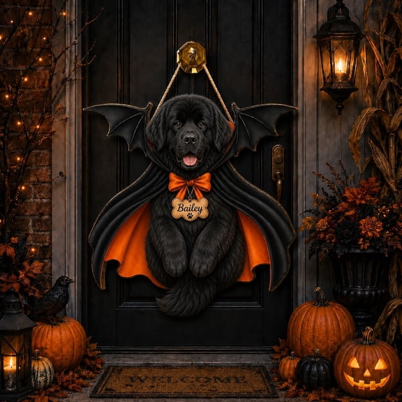 Halloween Wooden Sign Newfoundland Bat Dog Personalized Wood Front Door Decor for Dog Lovers