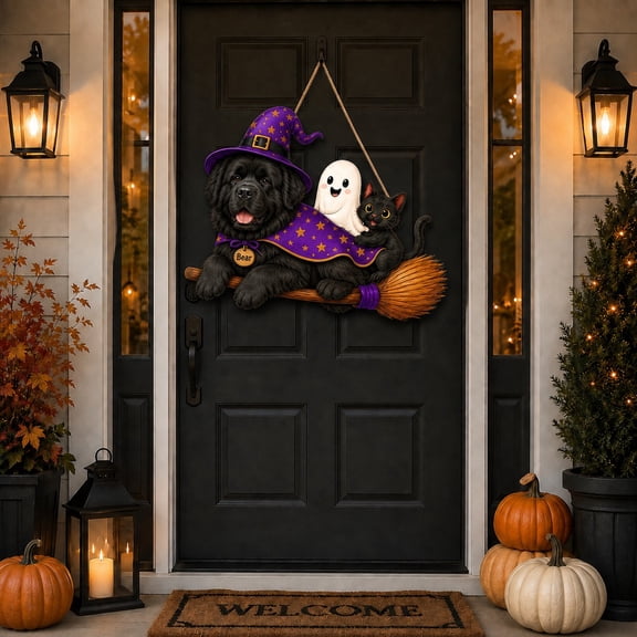 Halloween Wooden Sign Newfoundland Witch Dog Wood Front Door Decor for Pet Lovers