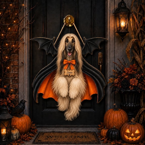 Halloween Wooden Sign Personalized Afghan Hound Bat Dog Wood Front Door Sign for Dog Lovers