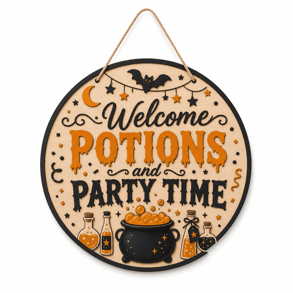 Halloween Wooden Sign Potions and Party Time Wood Door Hanging for Party Hosts