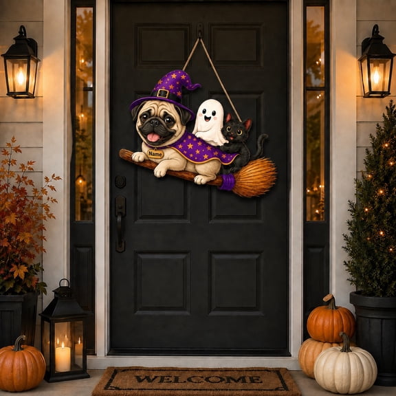 Halloween Wooden Sign Pug Witch Personalized Wood Front Door Sign for Dog Lovers