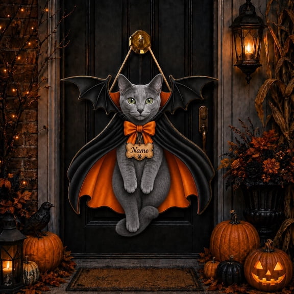Halloween Wooden Sign Russian Blue Cat Personalized Front Door Hanging for Pet Lovers