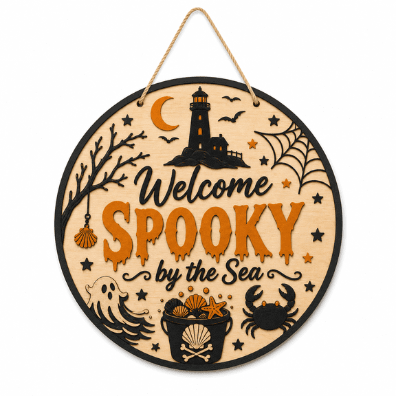Halloween Wooden Sign Spooky by the Sea Wood Door Hanger for Beach House Entryway