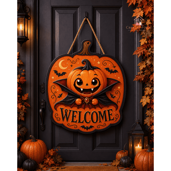 Halloween Wooden Sign Vampire Pumpkin Welcome Door Hanger for Front Porch Entry