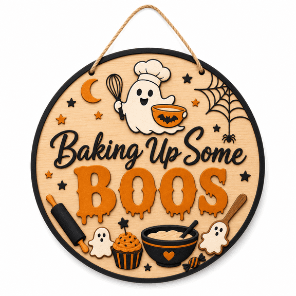 Halloween Wooden Sign Wall Decor Baking Up Some Boos Wood Hanging Door Decor for Home Bakers
