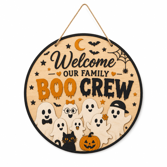Halloween Wooden Sign Wall Decor Our Family Boo Crew Wood Door Hanging for Large Families