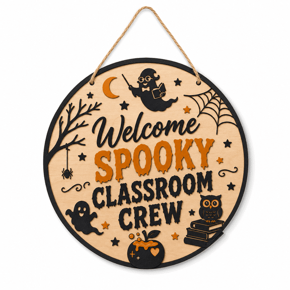 Halloween Wooden Sign Wall Decor Spooky Classroom Crew Wood Door Hanging for Teachers