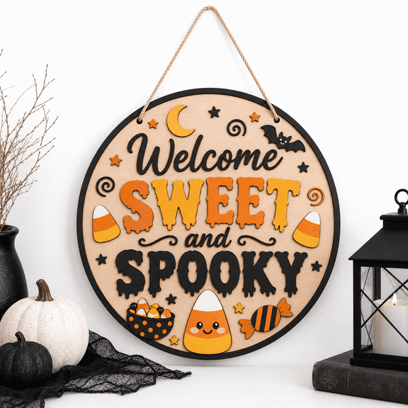 Halloween Wooden Sign Wall Decor Sweet and Spooky Wooden Hanging Door Sign for Candy Corn Lovers