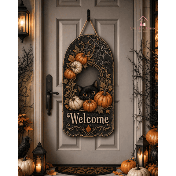 Halloween Wooden Sign Welcome Porch Door Hanger with Black Cat & Pumpkins