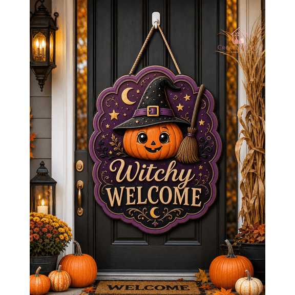 Halloween Wooden Sign Witchy Welcome Front Door Hanger for Fall Porch Entry