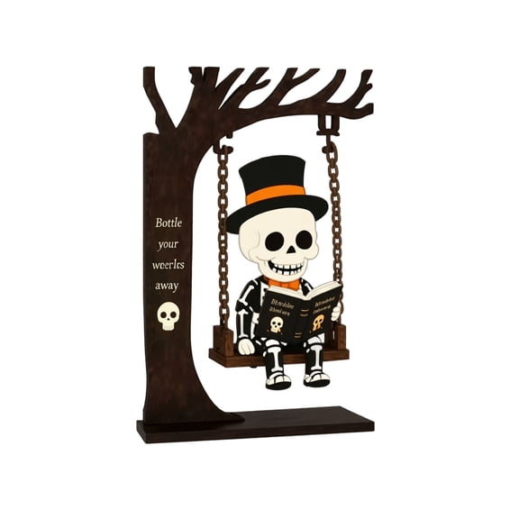 Halloween Wooden Skeleton Shelf Decor, 1 Piece Reading Skeleton on Tree Swing Tabletop Decoration, Spooky Halloween Holiday Home Indoor Party Decor, Perfect Gift for Book Lovers Halloween Enthusiasts