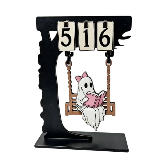 Halloween Wooden Swinging Ghost on Tree Tabletop Decor, Reading Ghost Cutout Silhouette Ornament with Mini Broom & Skull, Gothic Fall Decor for Window Decorations Indoor & Outdoor Party