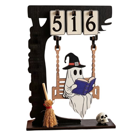 Halloween Wooden Swinging Ghost on Tree Tabletop Decor, Reading Ghost Cutout Silhouette Ornament with Mini Broom & Skull, Gothic Fall Decor for Window Decorations Indoor & Outdoor Party