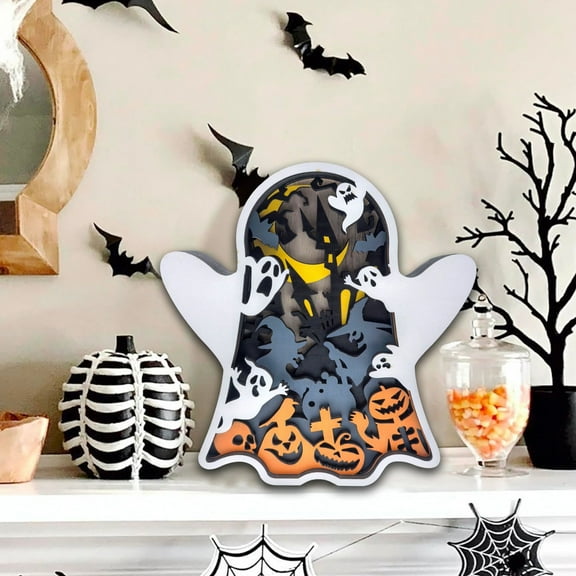 Taicans Halloween Wooden Table Sign,Light Up Ghost Lamp Lantern Shadow Box Halloween Table Decorations Ornament,Ghost Table Centerpiece Topper for Halloween Table Top Party Decoration Supply,6.3in