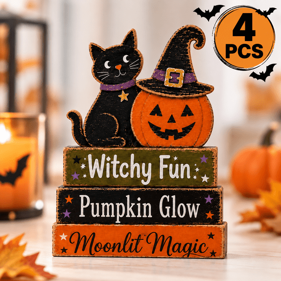 Halloween Tabletop Decorations Indoor, Wooden Halloween Decor for Tiered Tray Shelf Desk Kitchen Counter Mantel and Home
