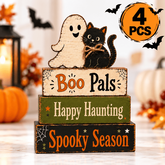 Halloween Decorations Indoor, Cute Ghost Wooden Tabletop Decor, Halloween Tiered Tray Decorations for Home Kitchen Shelf Desk Mantel
