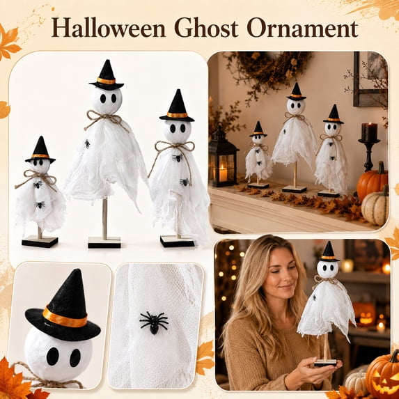 Halloween Wooden Tabletop Decor Set - 3 Piece Ghost Signs with Wooden Base for Tiered Tray, Fall Seasonal Home Decorations, Halloween Party Table Centerpiece