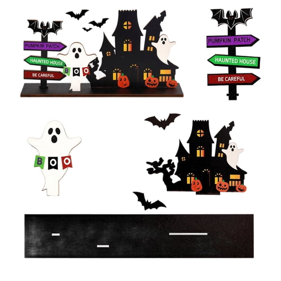 Halloween Wooden Tabletop Decor Set, Interlocking Pumpkin Ghost Castle Figurine Home Decorations, Rustic Wood Halloween Blocks Crafts for Desk Office Fireplace Mantel Party Decorations