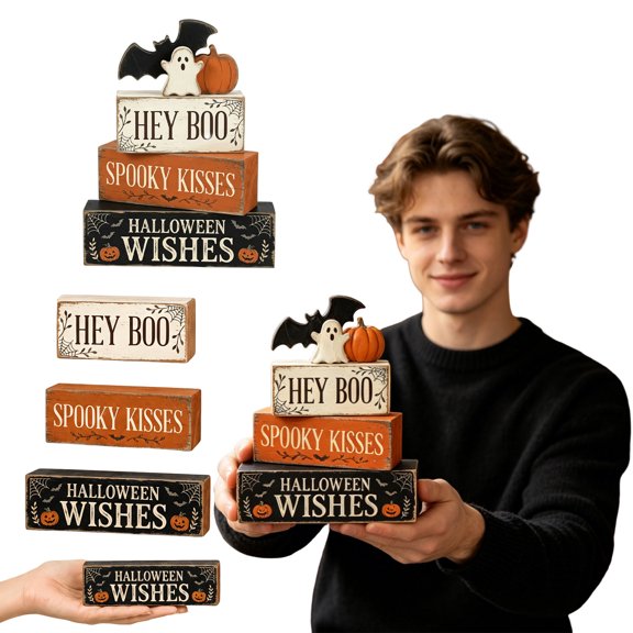Halloween Wooden Tiered Tray Decor Set, 3 Pcs Stacked Wood Block Signs with Ghost Bat Pumpkin Toppers, Distressed Rustic Hey Boo Decor for Mantel Shelf Halloween Home Party Gift