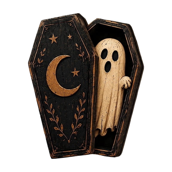 Halloween Wooden Tombstone Decoration, Skull Coffin Prop for Haunted House Bar Scene, Retro Carved Horror Atmosphere Decor, 1pc