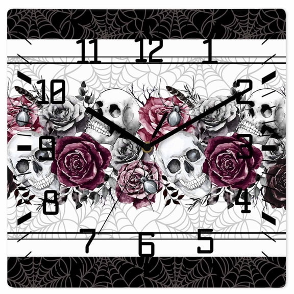 Halloween Wooden Wall Clock Silent Non Ticking, Black Horror Skull Roses Spi-der Web Vintage Square Wall Clocks Battery Operated, Decor Clock for Home Office, Living Room, Kitchen, 12 Inch