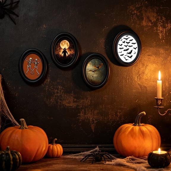 Halloween Wooden Wall Frame Decor, Bat Skeleton Scarecrow Print Signs, Vintage Black Hanging Tabletop Ornaments, Gothic Home Decor for Living Room Bedroom Wall, D