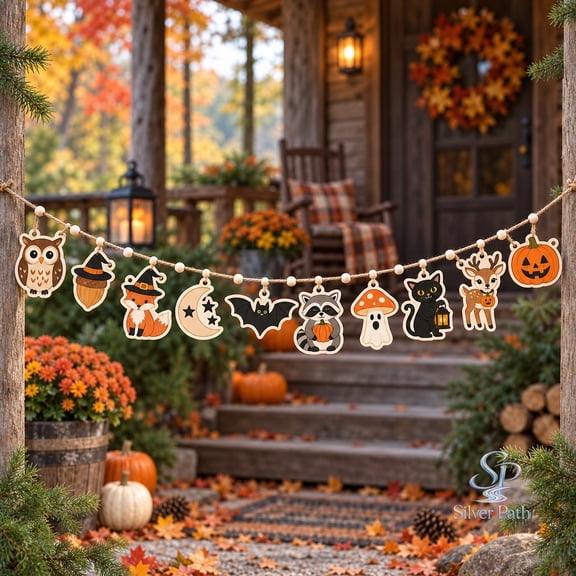 Halloween Woodland Animal Ornament Wooden Garland, Spooky Hanging Decor for Porch and Party