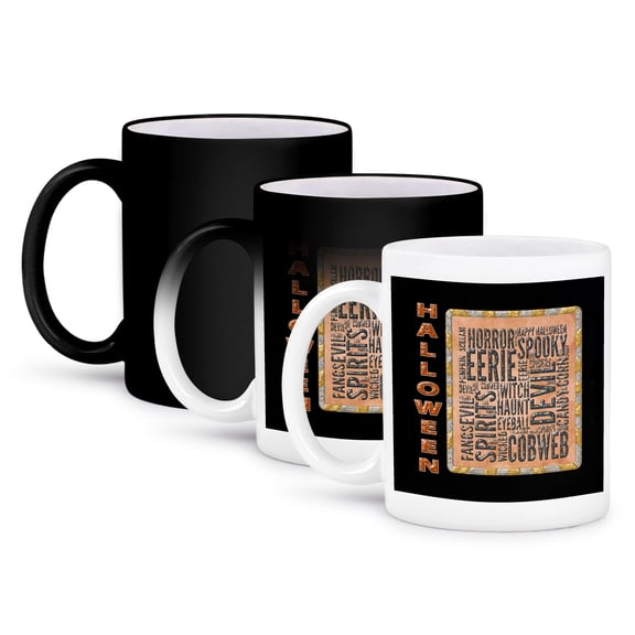 3dRose, Halloween Words, Haunt, Spooky, Cobweb, Eyeball, Fangs, Witch, Eerie , 11oz Magic Transforming Mug