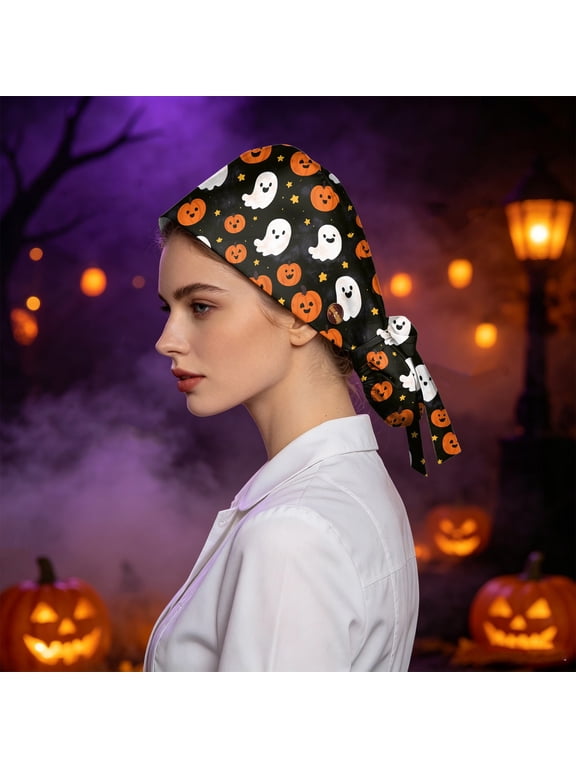 Halloween Working Scrub Cap Women with Adjustable Sweatband Funny Halloween Pattern Ribbon Tie Back Bouffant Hats