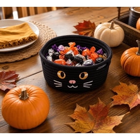 Halloween Woven Cotton Storage Basket, Spooky Jack-o'-lantern & Black Cat Face Rope Organizer Bin, Lightweight Table Basket for Halloween Candy Party Home Layout - (Black)