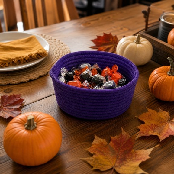 Halloween Woven Cotton Storage Basket, Spooky Jack-o'-lantern & Black Cat Face Rope Organizer Bin, Lightweight Table Basket for Halloween Candy Party Home Layout - (Purple)
