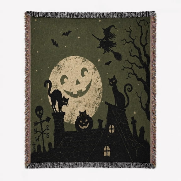 Halloween Woven Cotton Throw Blanket with Fringe, Spooky Cat Moon Design, 3 Sizes