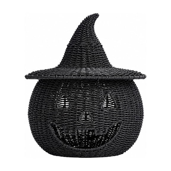 Seagrass Woven Pumpkin Halloween Basket, Black Jack O Lantern Decor for Table Mantel, Fall Centerpiece Tiered Tray, Indoor Outdoor Seasonal Decoration