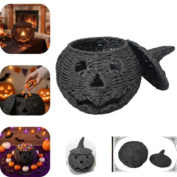 Halloween Woven Pumpkin Basket with Lid, Handmade Jack O Lantern Candy Bowl, Black Witch Hat Storage Basket for Trick or Treat, Halloween Table Decor Party Favor