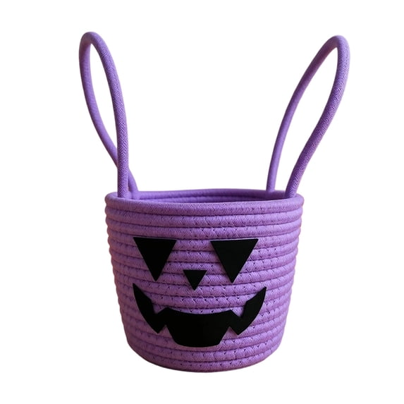 Halloween Woven Pumpkin Candy Basket with Handles, Cotton Rope Storage Tote for Trick or Treat, Decorative Candy Bowl for Candies Storage, Spooky Gift Basket Container 7x6.3Inch