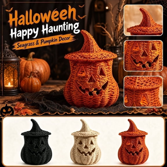 Halloween Woven Pumpkin Decor, Seagrass-Style Jack-O’-Lantern With Removable Witch Hat Lid And Glowing Cutouts, Boho Fall Accent For Mantel Shelf Or Front Porch Night Lighting Black