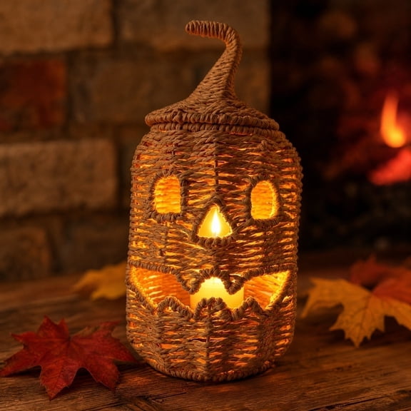 Halloween Woven Pumpkin Decoration, Hand-Woven Pumpkin Halloween Storage Basket, Spooky Handmade Wicker Pumpkin Decor for Home Mantel Shelf Fall Party Decorations