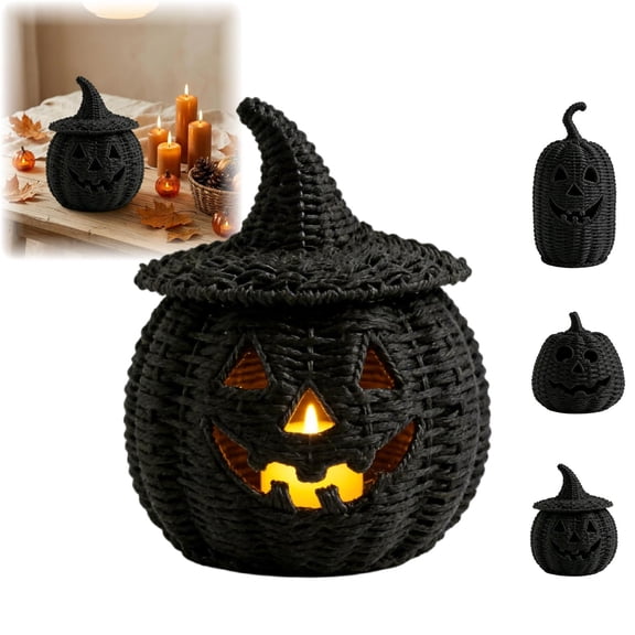 Halloween Woven Pumpkin Jack-O'-Lantern Set,3 Styles with Witch Hat Lid & Carved Face,Hollow Out Wicker Halloween Decor for Fall Tabletop,Shelf,Mantel Display(C)
