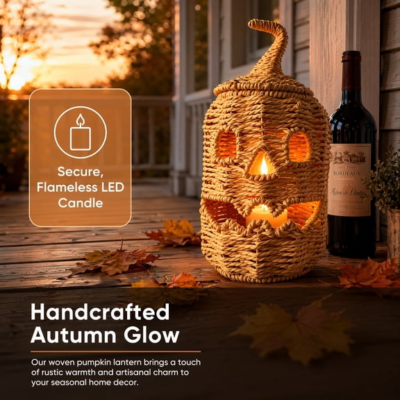 Halloween Woven Pumpkin Lantern with LED Candle Light, Natural Rattan Woven Pumpkin Lamp, Rustic Fall Halloween Decor for Dining Room Mantel Front Porch (B)